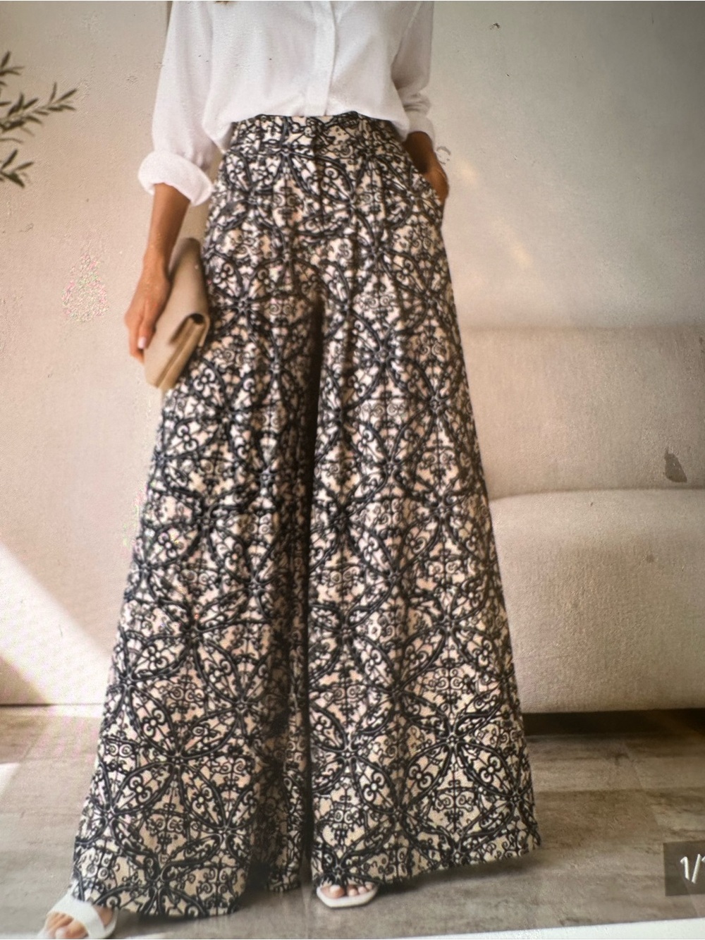 Printed Wide-Leg A-Line Skirt Pant in Black & Cream